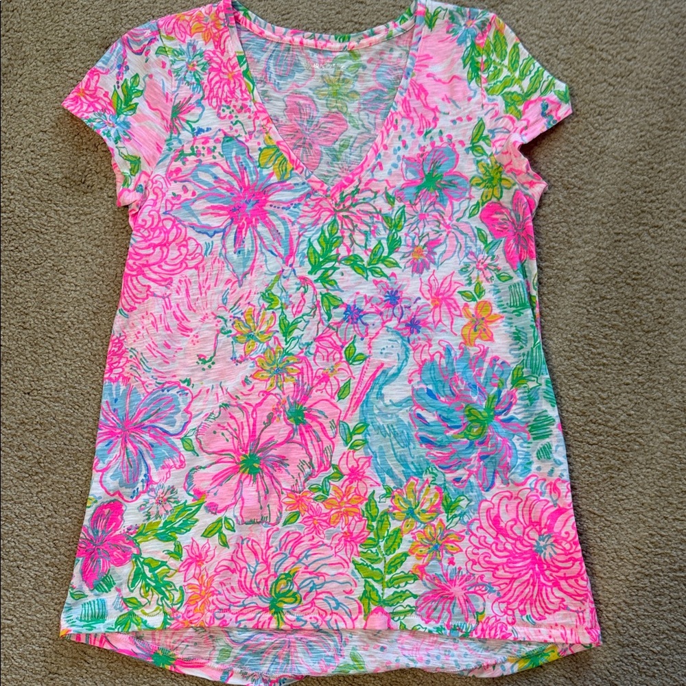 Lilly Pulitzer Pink and Green Floral Short Sleeve Tee